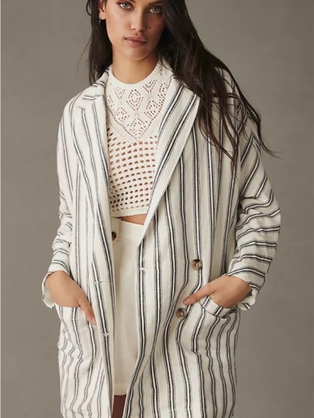 Anthropologie Pilcro Longline Blazer Coat - Cream & Gray Sz M